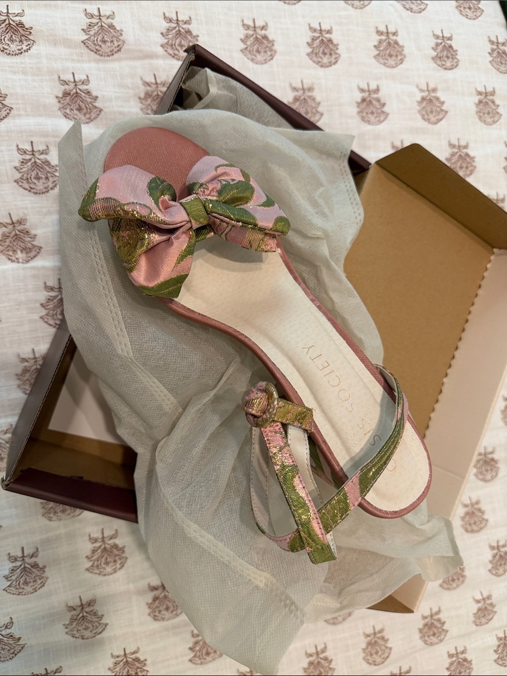 Floral Bow Pink & Green Satin Slingback Sandal
